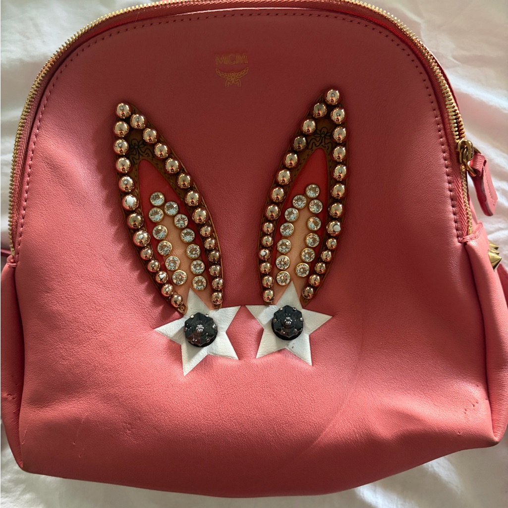 Mcm Pink Crystal Bunny-Ear Backpack Pouch With Star Accents